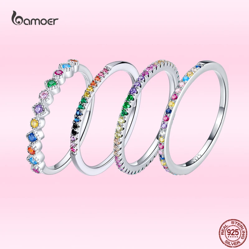 Bamoer 2021 Authentic 925 Sterling Silver Rainbow CZ Finger Rings For Women Stackable Trendy Wedding Jewelry Multi-size GXR583