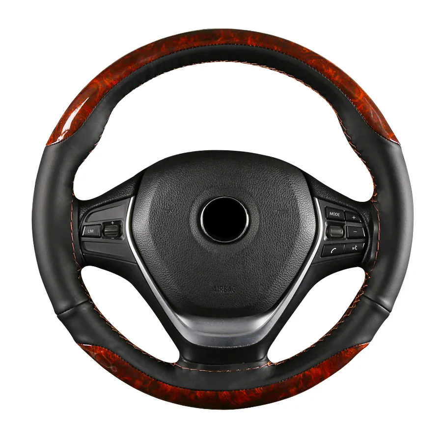 Wooden Pattern Car Steering Wheel Cover Universal Braiding Leather Covers for Automotive 38cm 15 Inch Steering Wheel