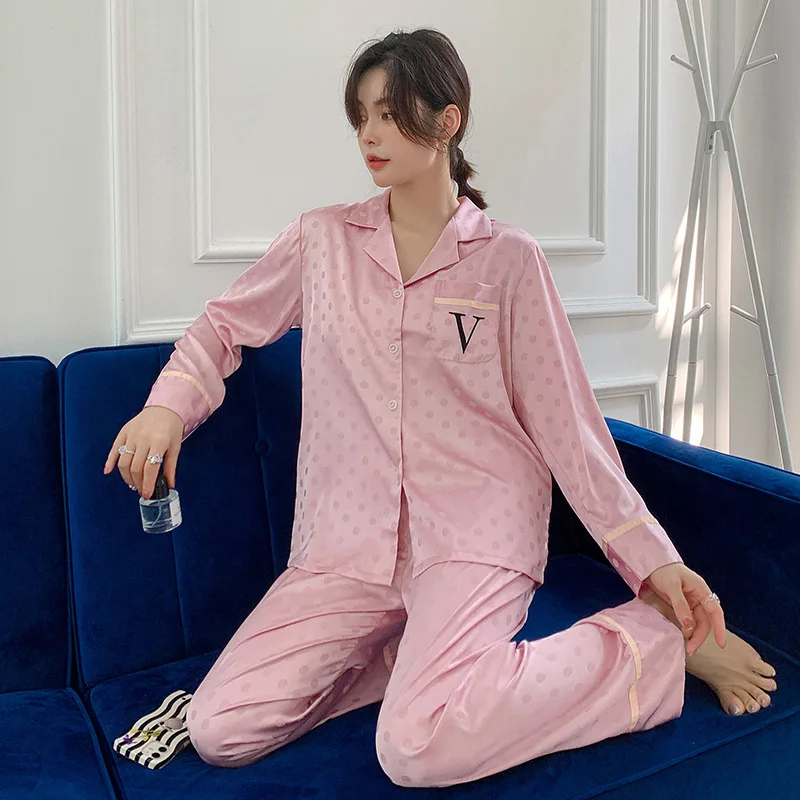 Button-Down Sleepwear Female Pajamas Suit Spring Autumn Nightwear Satin Two-pieces Set With Pants Summer Lounge Home Clothes