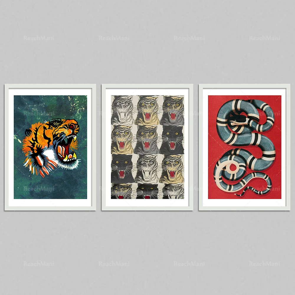 

Luxury fashion poster set 3 tiger face and snake, designer wall art, fashion wall art, luxury designer poster, fashion printing