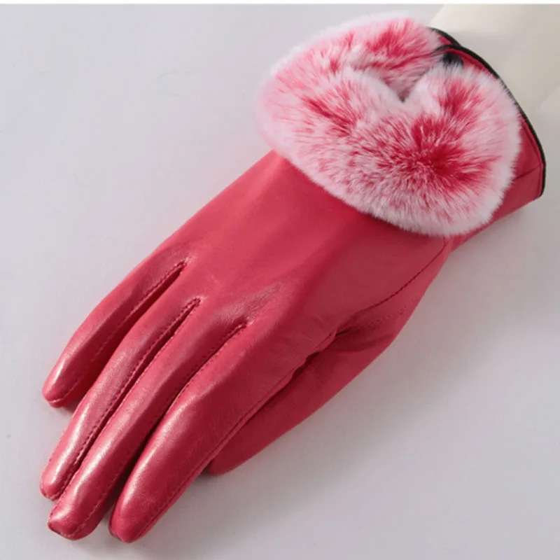 2024 Winter Warm Real Leather Glove With Rex Rabbit Fur Female Genuine Leather Gloves Women With Genuine Rabbit Fur Hand Wrist