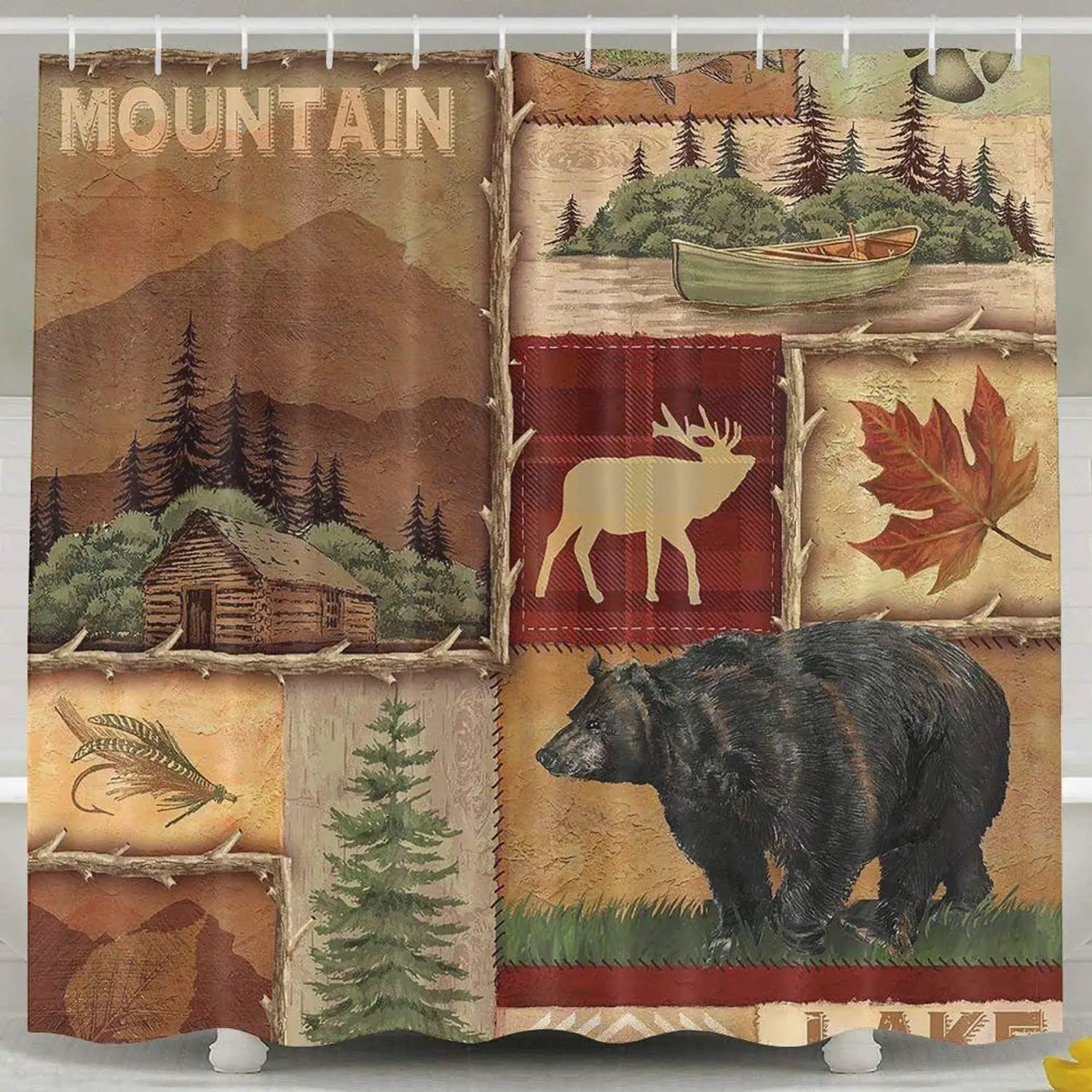 Farmhouse Maple Leaf Bear Moose Deer Country Style Polyester Waterproof Bath Curtain