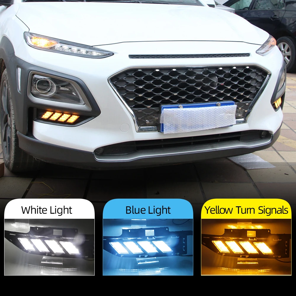 Car Flashing 1 Set LED DRL For Hyundai ENCINO 2018 2019 2020 Daytime Running Light With Yellow Turn Signal Lamp night blue