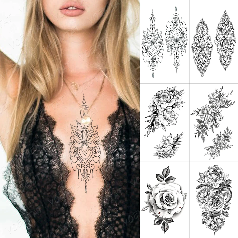 

Waterproof Temporary Tattoo Sticker Rose Peony Lace Henna Flash Tattoos Flower Lotus Body Art Arm Fake Tatoo Women Men