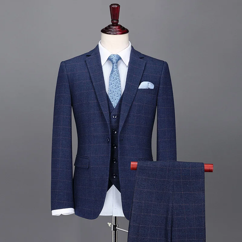 Mens Single Breasted Slim Fit Blue Plaid Prom Suit Men 4XL Plus Size Luxury Wedding Groom Suits Business Man Formal Wear 58