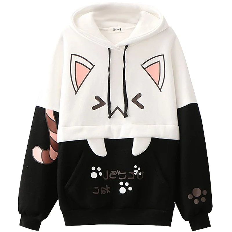 Sudadera con capucha Harajuku Kawaii para mujer, suéter de manga larga con estampado de orejas de gato, Anime divertido, Vintage, 2021