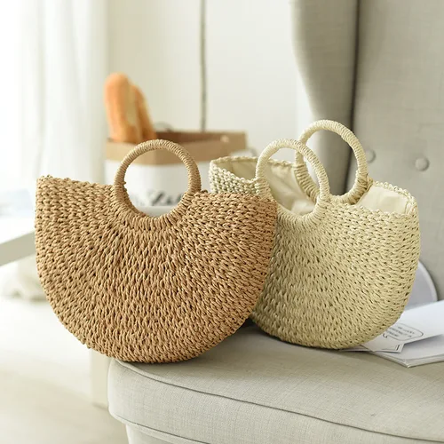 Imagen 2 del producto Bolsos hechos a mano de verano para mujer, bolso tejido de paja para playa, bolso de playa envuelto, bolsos con asa superior en forma de luna, bolsos de mano