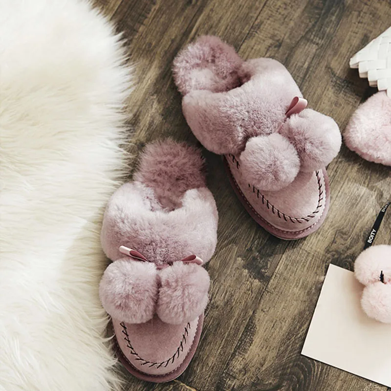 100% Genuine Leather Natural Fur Slippers Fashion Female Winter Shoes Women Warm Indoor Slippers Soft Wool Lady Home Shoes