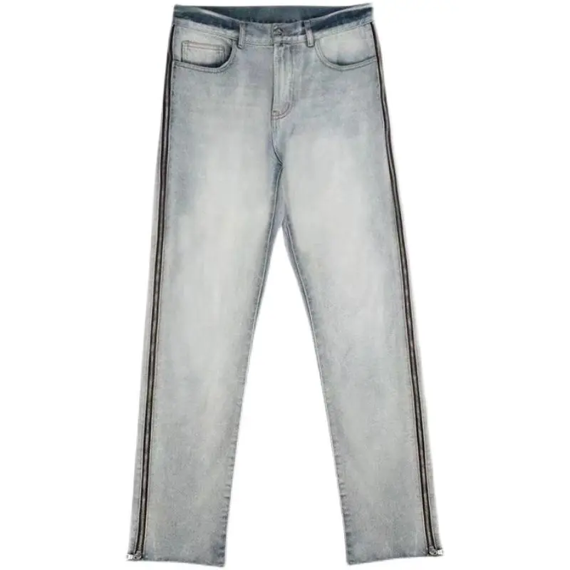 Jeans dritti uomo primavera autunno High Street lavato pantaloni in Denim blu Vintage con cerniera laterale pantaloni larghi da uomo larghi Streetwear