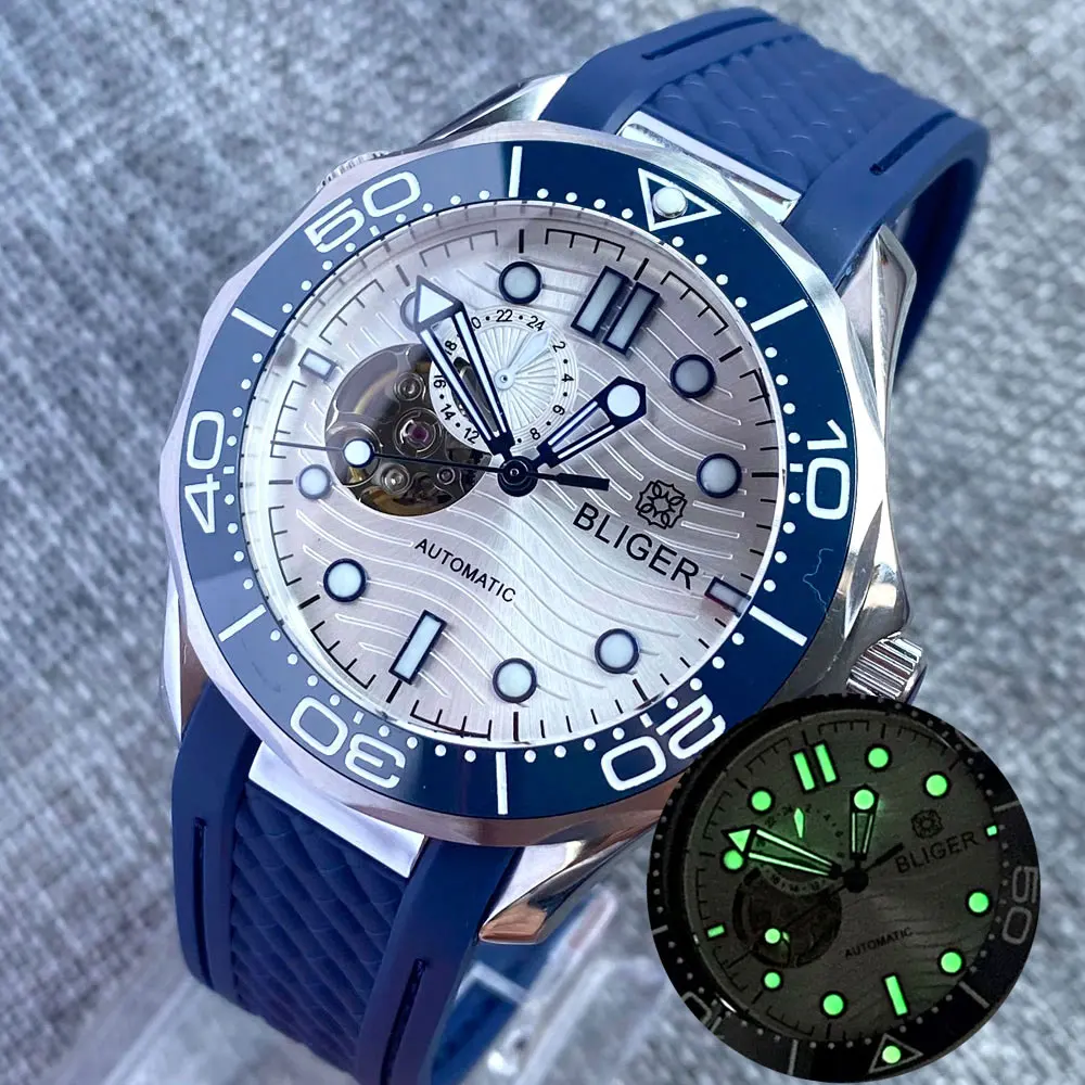 BLIGER 41mm Fashion NH39A Automatic Watch Men Silver Dial Blue Insert Glass Back Green Lume Sapphire Glass Yellow Index