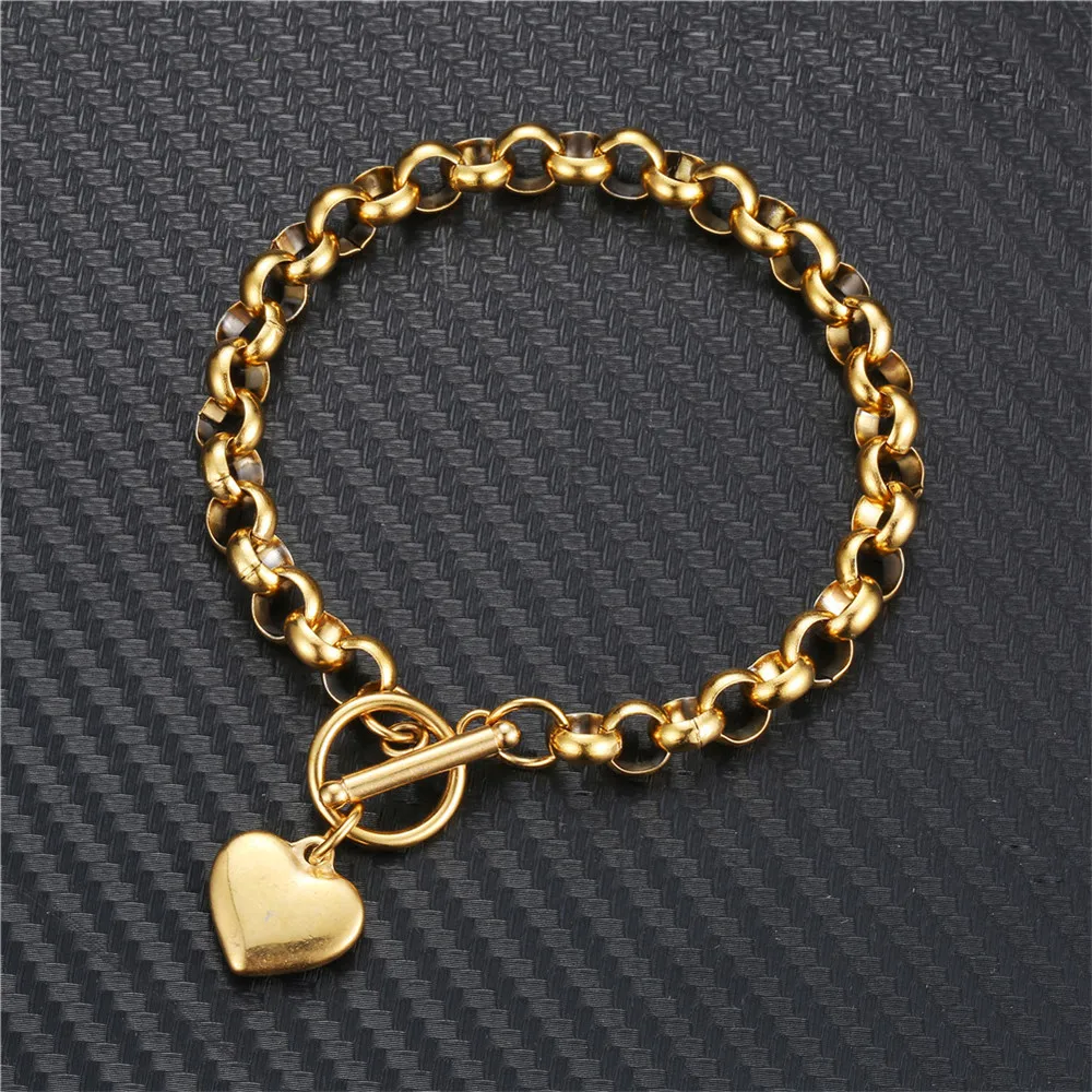 Vintage Stainless Steel Keel Chain Puff Heart Charms Bracelet For Woman Toggle Bracelets Jewelry