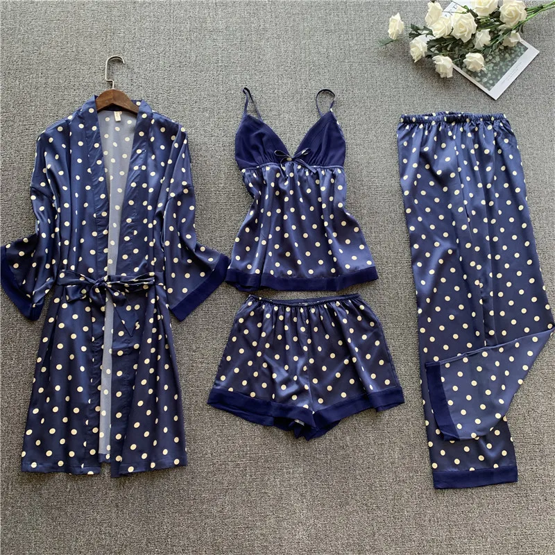 Lente Zomer Nieuwe Vier Stuk Set Imitatie Zijde Pyjama Dames Met Sexy Schorsing-Lace Gown Lange Mouwen homewear Пижам