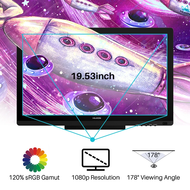 HUION-Kamvas 20 그래픽 태블릿 모니터 19.5 인치, 배터리 없음, 8192 레벨 펜 IPS, AG 유리 120% sRGB 펜 태블릿 모니터