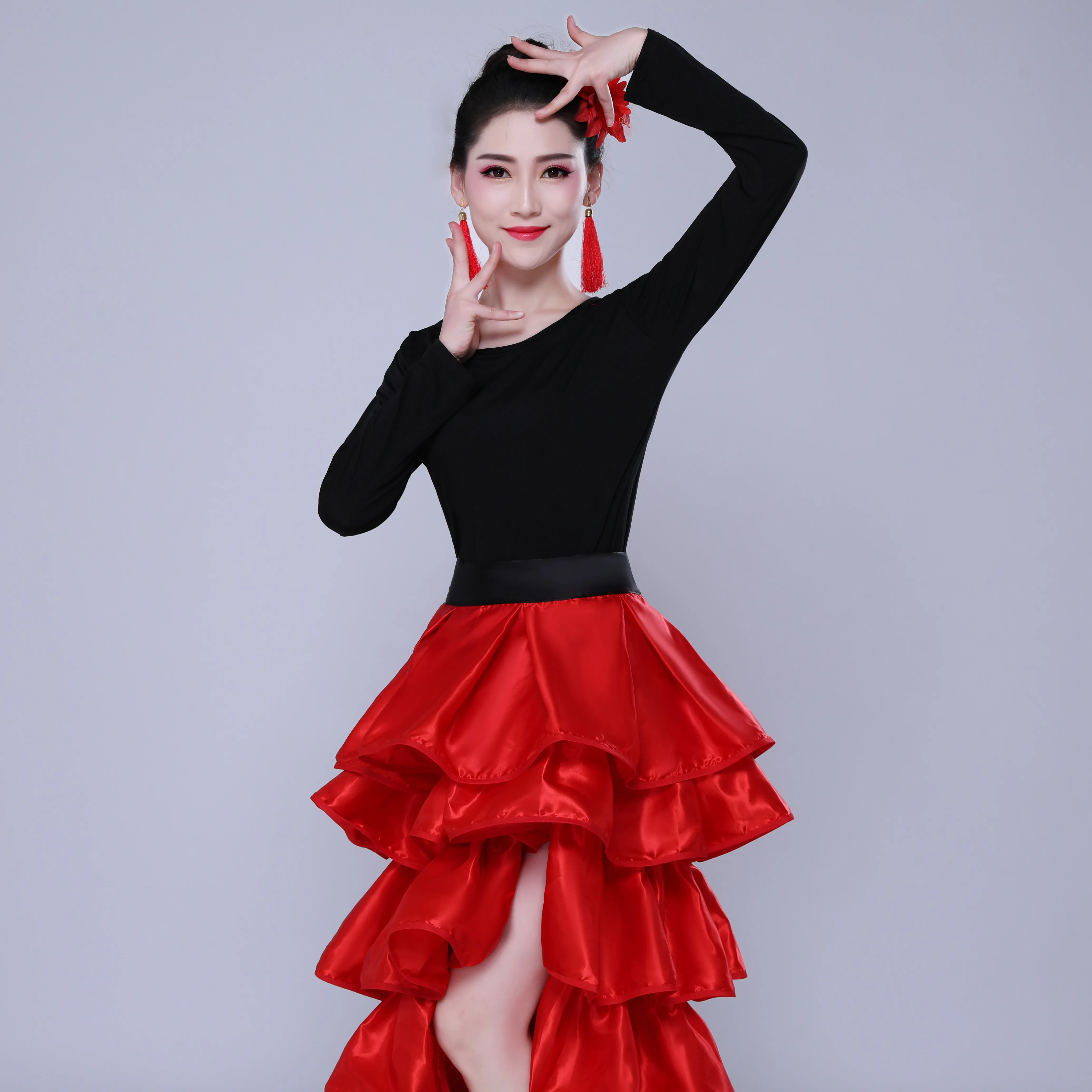 Female Party Ballroom Dance Dress Spanish Flamenco Triangle Skirt Women Split Red Stage Belly Dance Wear Skirt DL5154