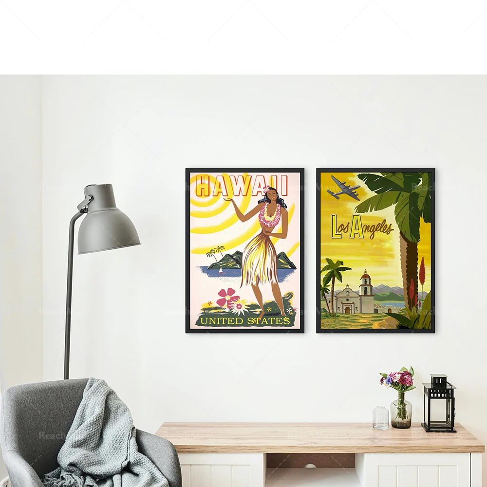 مطبوعات السفر الأمريكية الرجعية لوس أنجلوس، مطبوعات شاطئ هاواي، ملصقات أرضية العطلات الجمالية القديمة، اتجاهات الموضة #4