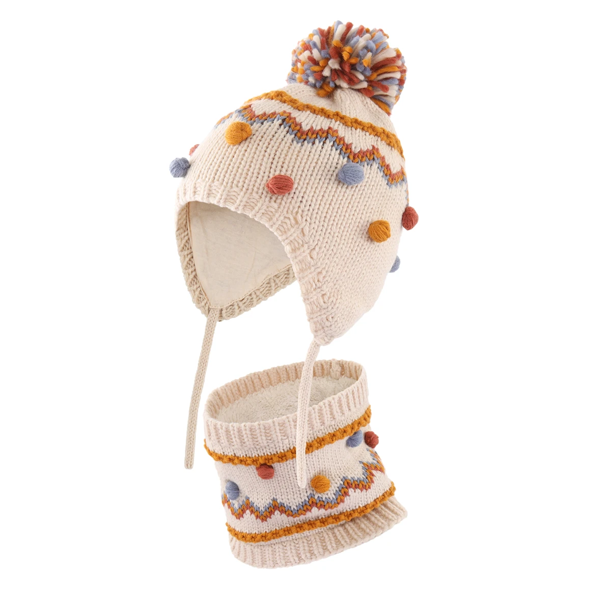 Connectyle Baby Girls Skull Hat New Style Fashion Soft Warm Winter Earflaps Knitted Beanie Hat Scarf Set With Cute Pom Pom