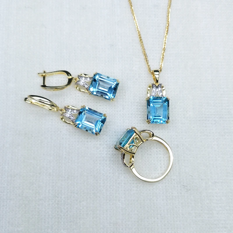 Natural good color BB sky blue topaz jewelry set Ring Necklaces and earrings 925 silver fine jewelry for women with gift box