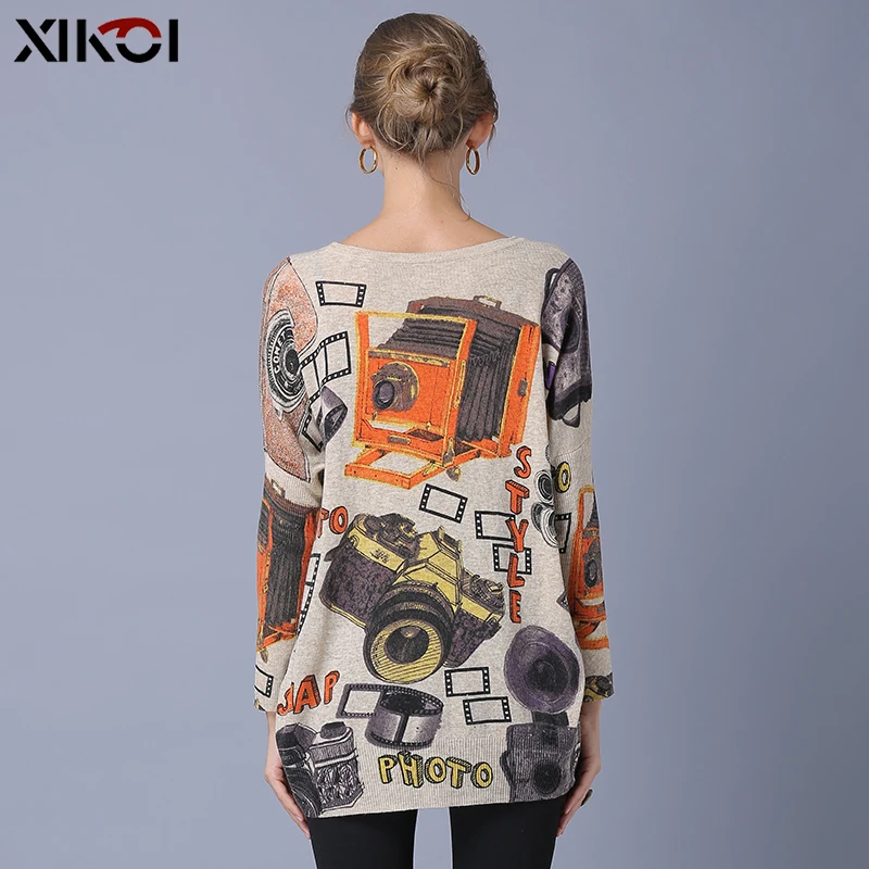 XIKOI Oversized Sweater Women Pullover Fashion Korea Style Art Print Batwing Sleeve O-Neck Casual Computer Knitted Women Jumper