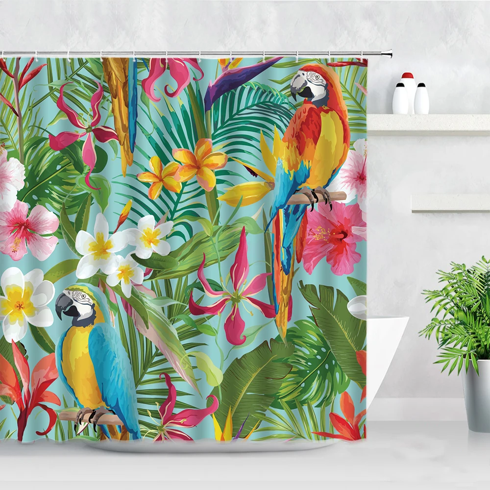 Tropical Plant Leaf Shower Curtains Flower Bird Parrot Green Palm Leaves Print Waterproof Fabric Home Decor Bathroom Curtain set