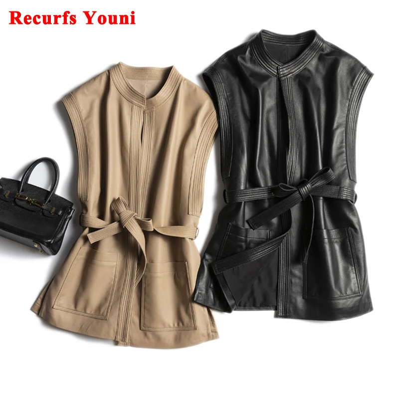 Women's Vest Winter Genuine Leather Waistcoat With Belt Female Korean Fashion Simple Big Pocket Round Neck Beige/Black Gilet