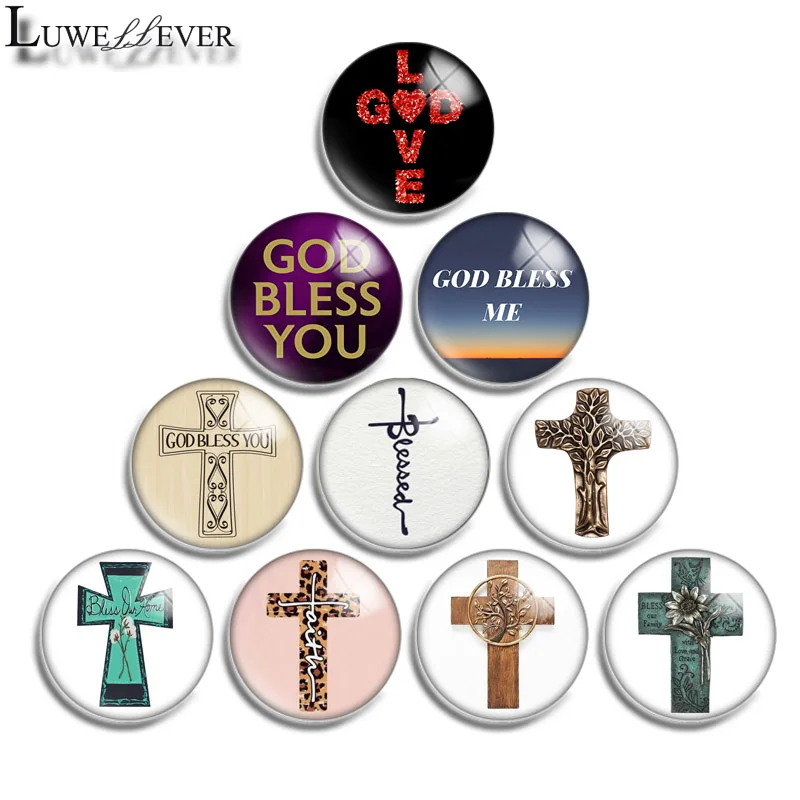 12mm 14mm 16mm 20mm 25mm 30mm 578 God Bless Cross Mix Round Glass Cabochon Jewelry Finding 18mm Snap Button Charm Bracelet