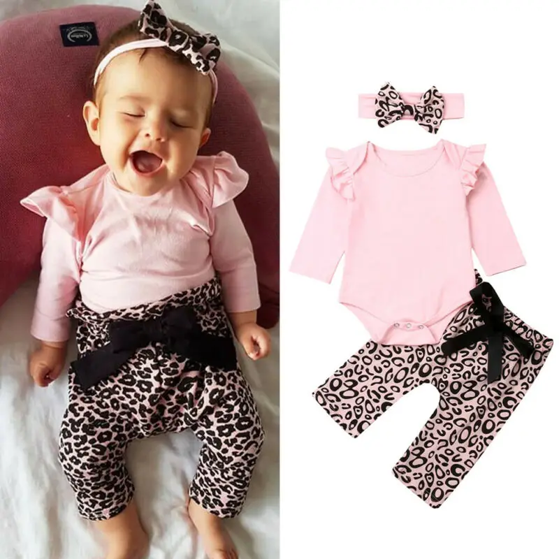 Citgeett Autumn Newborn Baby Girls Clothes Long Sleeve Pink Tops+Leopard Bowknot Pants Outfit Fall Set