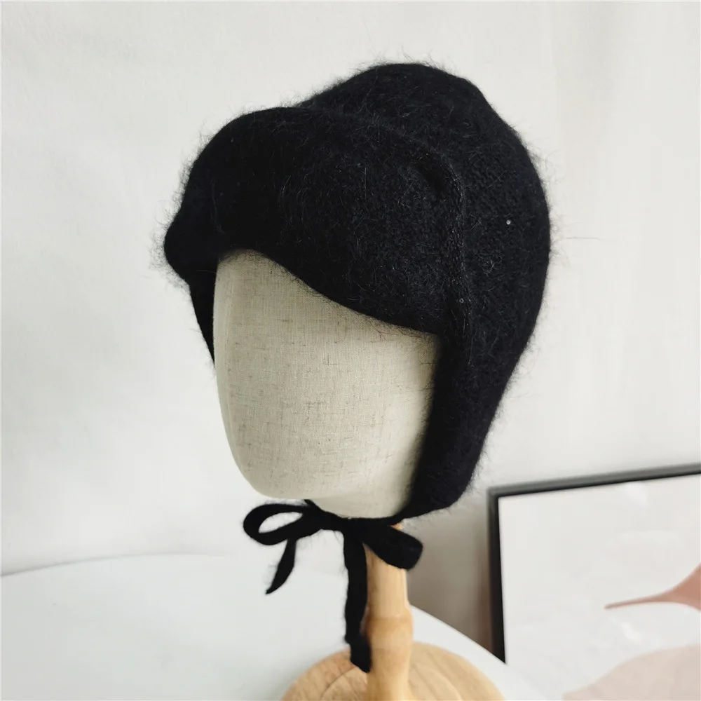 Gorro de punto de Angora para mujer, orejeras, cálido, accesorio de esquí al aire libre para adolescentes, Otoño e Invierno