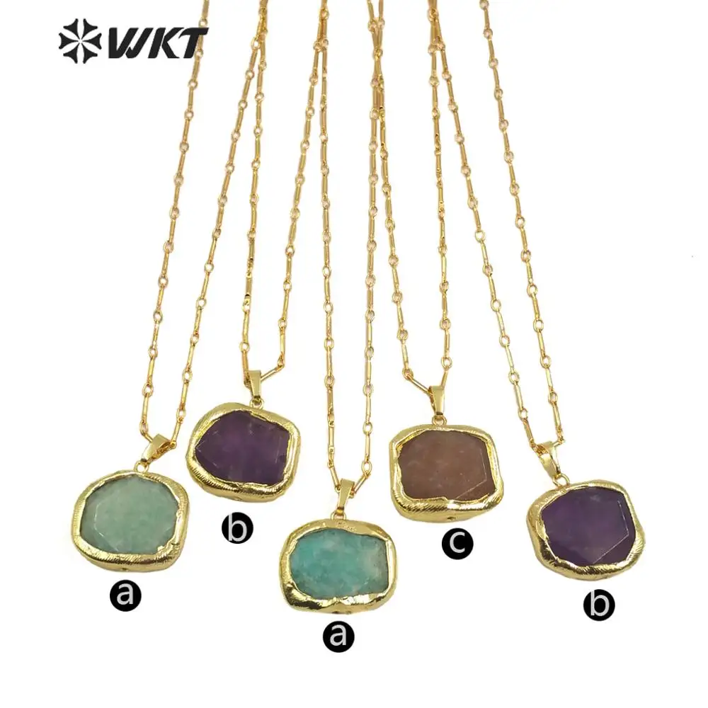 

WT-N1184 Natural Stone Necklace Square Amazonite/strawberry quart z Stone with Gold Electroplated Chain Fashion Necklace