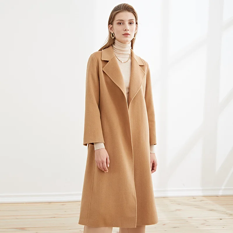 Women Thick Double-Sided Woolen Coat 100% Wool Lapel Solid Color Basic Elegant Belt Long Overcoats OL Minimalism Autumn Clothes