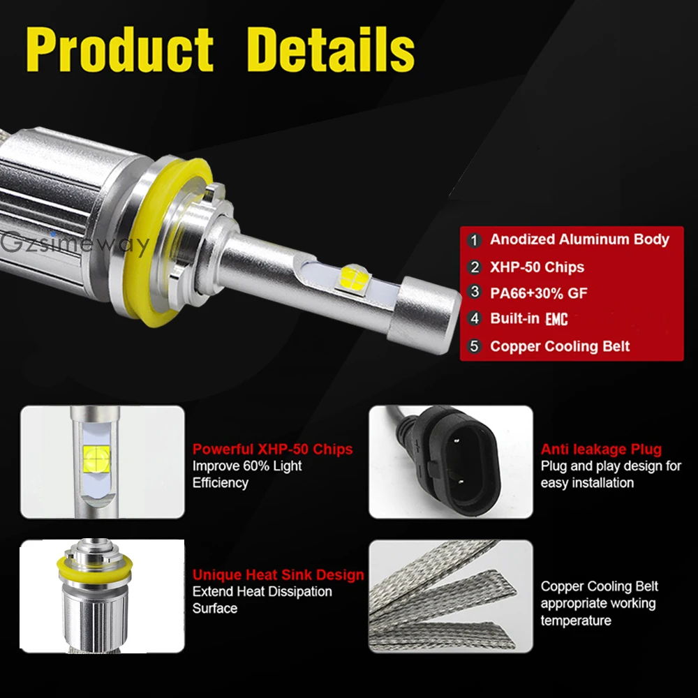 Car Light H11 LED H7 H4 H1 9005 HB3 9012 9006 HB4 Fanless Headlight XHP50 4300K 6000K Bulbs 104W 20000LM H3 H8 H27 881 Fog Lamp