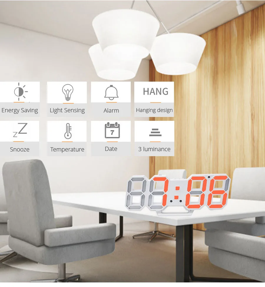 3D LED Wall Clock Modern Design Digital Table Clock Alarm Night Light Saat Wall Clock for Home Decor Living Room