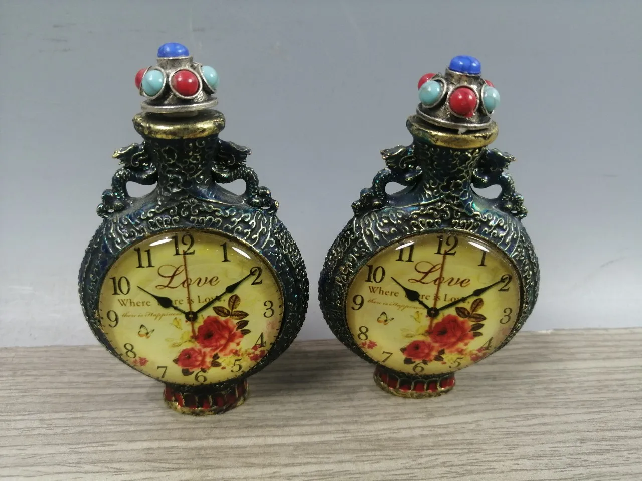 Chinese collection old cloisonne sapphire timepiece snuff bottle antique double-sided timepiece household timepiece pair