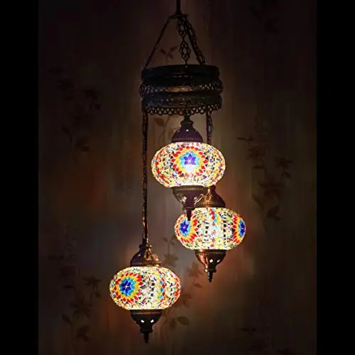 

LaModaHome 35 + Unique Colors, 2020 Customizable Chandelier 3 Globes + Free 3 Bulbs, stunning Mosaic Turkish Lamp Moroccan Light