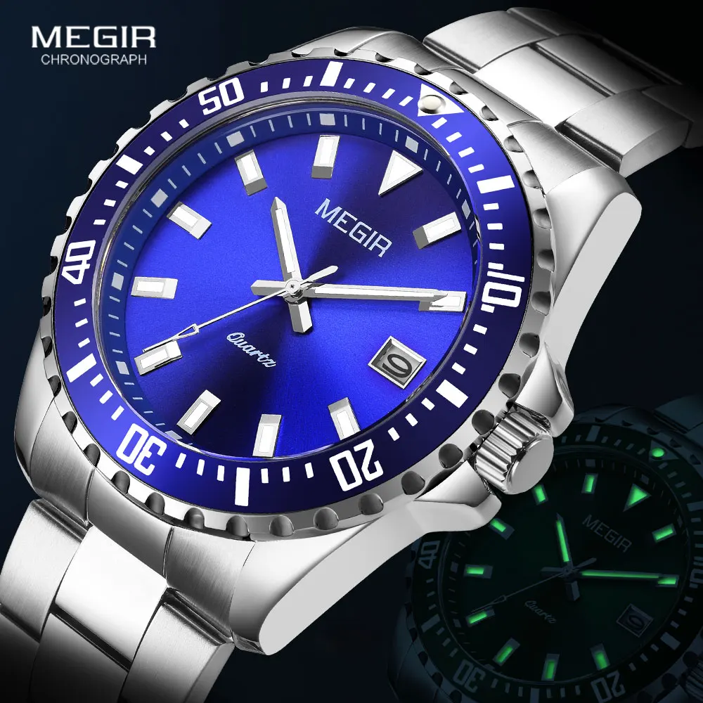 MEGIR Quartz Watch for Men Fashion Stainless Steel Waterproof Wristwatch Blue Dial Luminous watches relogio часы мужские reloj