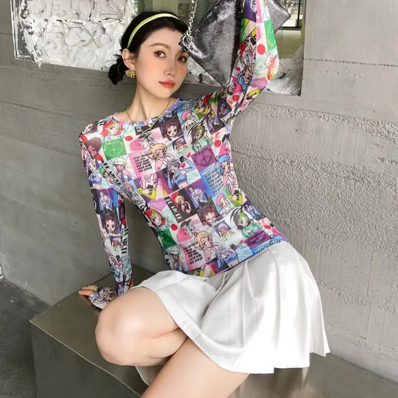 Karrram Sweet Cartoon Print Mesh Top Y2k Aesthetic Long Sleeve T Shirts Women Anime E Girl Kawaii Clothes 90s Sexy Streetwear