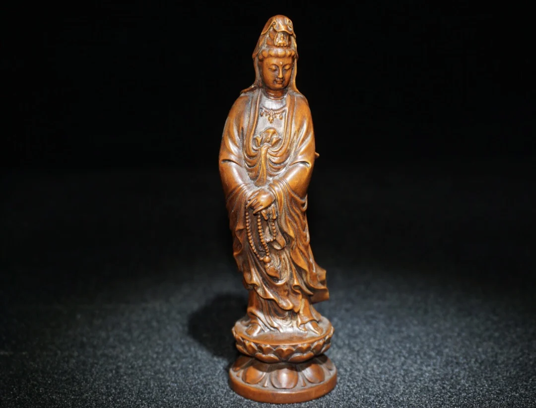 

5"Tibetan Temple Collection Old Boxwood Rosary Guanyin Bodhisattva Buddha Station lotus platform Avalokitesvara Worship Hall