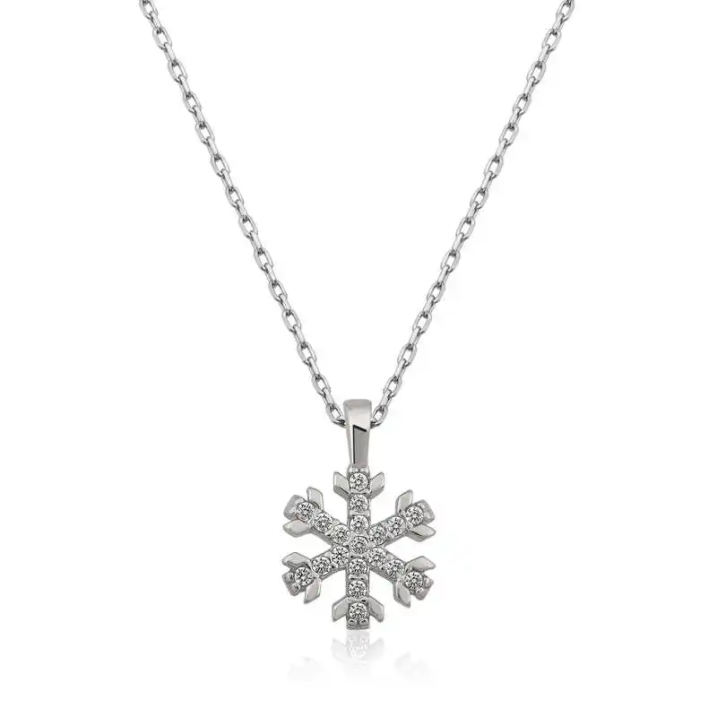 Silver Snow Snowflake Lady Necklace Zircon Stone 925 Sterling Women Fine Jewelry Wedding Party Birthday Gift - Box - Pendant - Chain Choker - Female - Ladies - Fashion