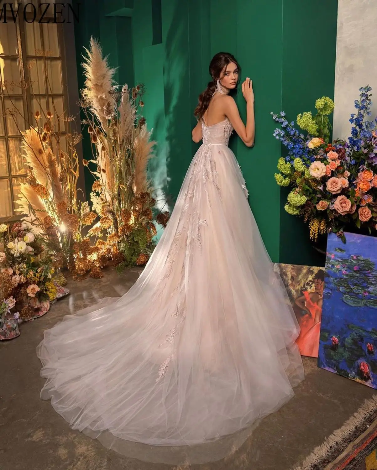 Mvozein Elegant Champagne Wedding Dresses Tulle A-Line Embroidery Pleat Court Train Wedding Dress Bridal Gowns robe de mariage