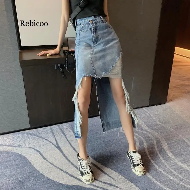 

Casual Asymmetrical Women's Skirts High Waist Patchwork Tassel Irregular Skirt For Female Clothing 2020 Fashion New