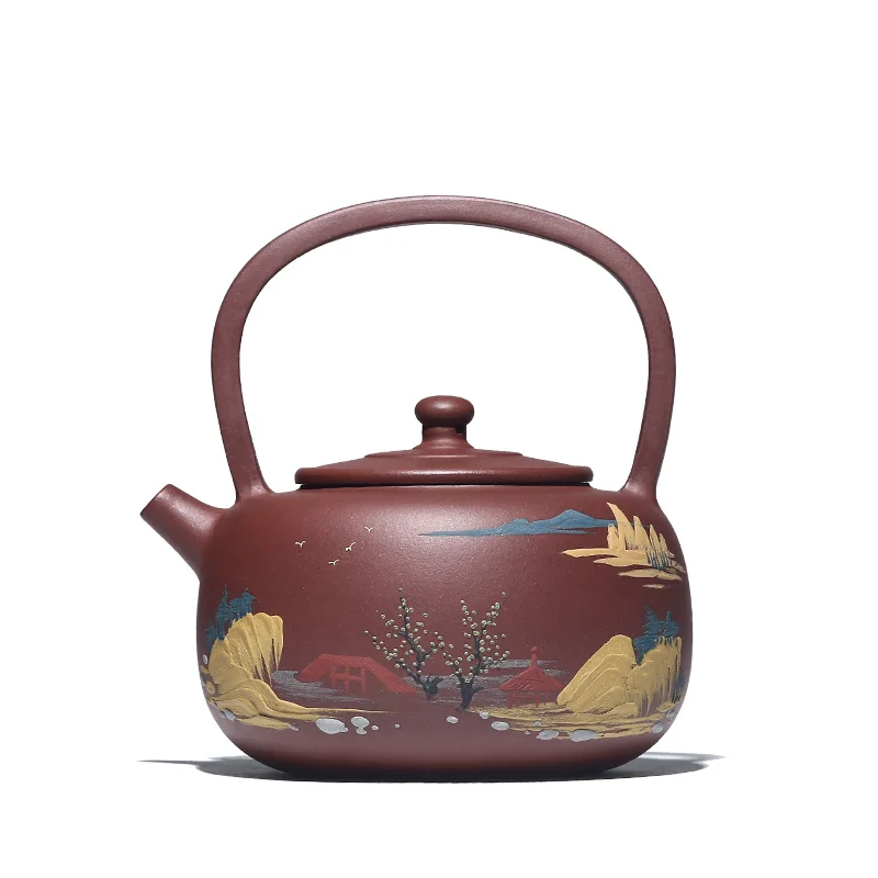 |True art yixing undressed ore recommended pure manual teapot tea, kungfu tea set mud painting landscape girder pot