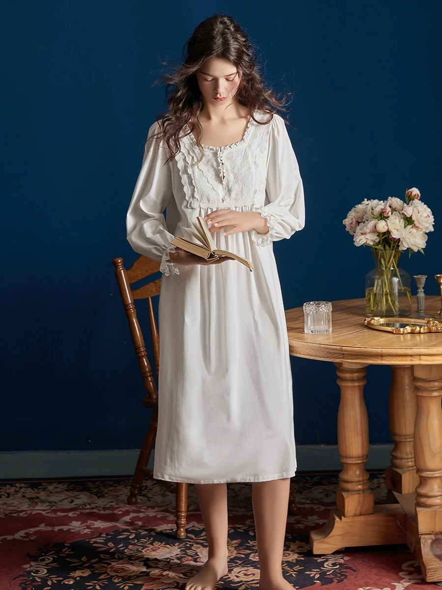 Hanxiuju Vintage Embroidery Long Nightgowns For Lady Spring Autumn Long Sleeve Elegant Delicate Loose Nightshirts Homewear