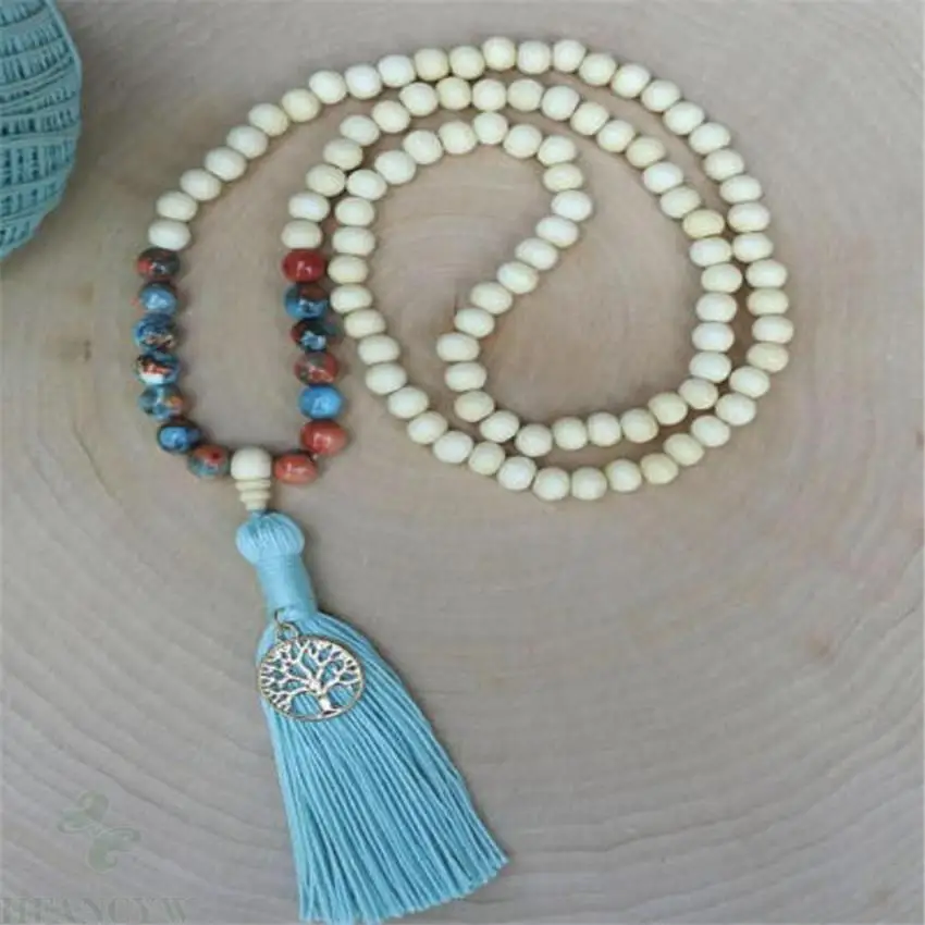 

8mm emperor stone White wood 108 Beads Tassel Mala necklace pray Healing MONK Handmade yoga cuff Buddhist spirituality men Hot