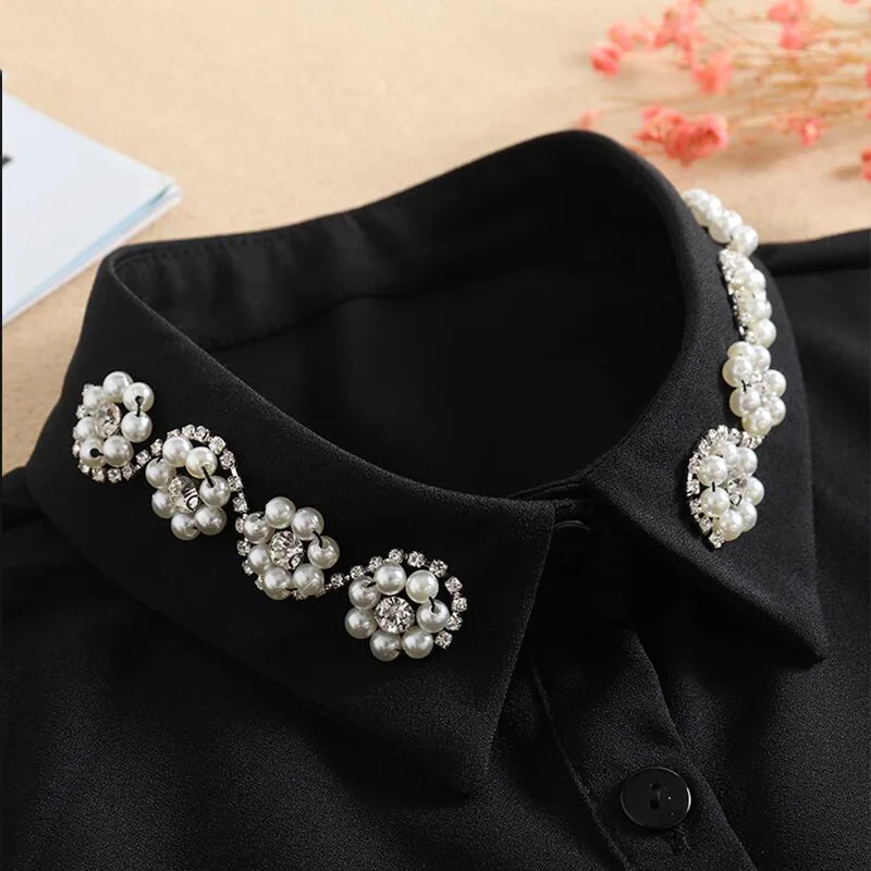 Bead Fake Collar Shirt Women White False Collars Woman Pearl Women Beaded Detachable Collar Necktie Black Chiffon Half Shirt