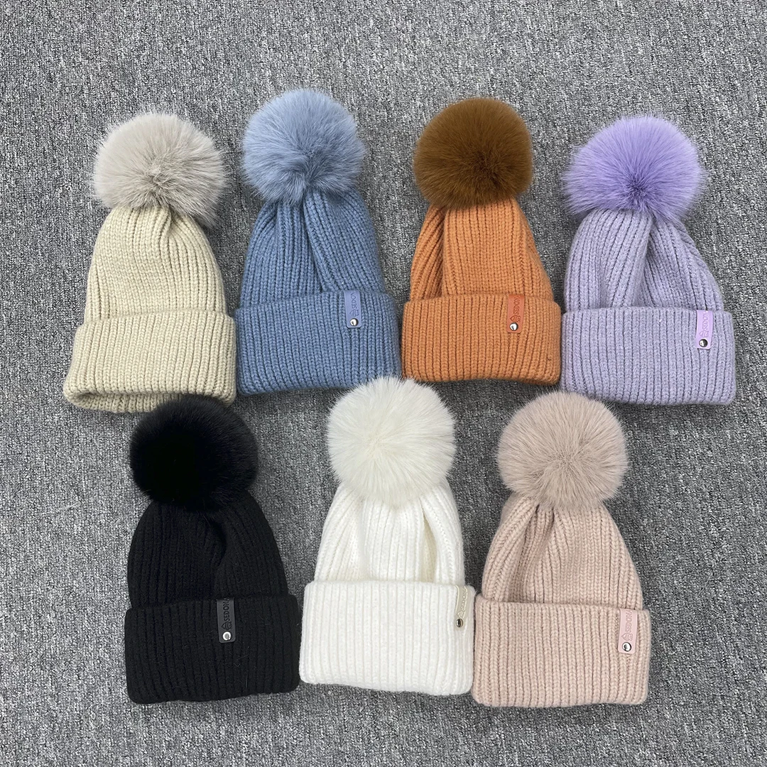

MISSJANEFUR 2021 New Winter Hat Unisex Knitted Beanie With Fur Pom Pom Fashion Warm Streetwear Ski Skull Cap Female