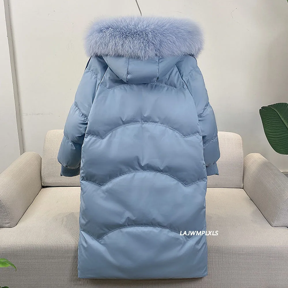 Winter Loose Windbreak Long Coat Women Real Natural Fur Hooded Jacket 90% White Duck Down Coat Thick Warm Snow Outwear