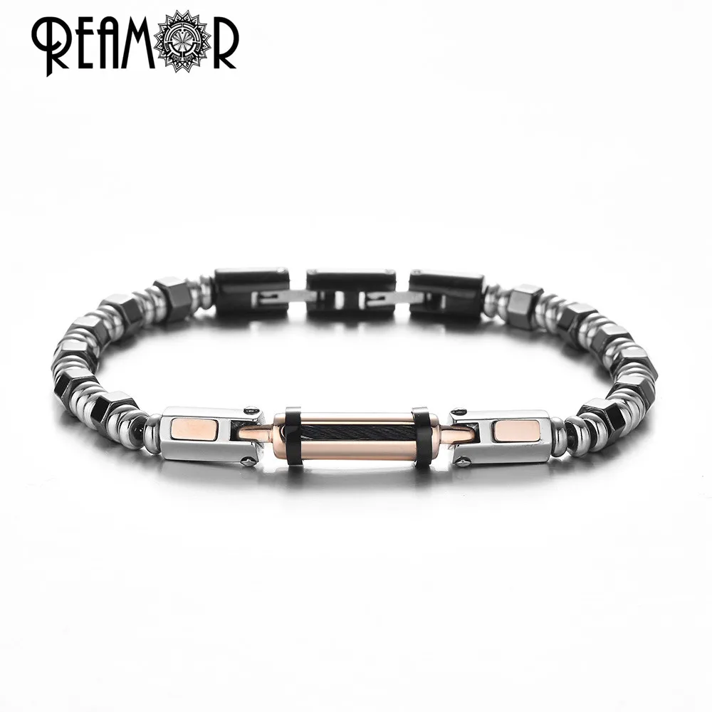 

REAMOR Rose Golden Stainless Steel Connector Bracelets Silver Color Hematite Detachable Clasp Bracelets For Men Jewelry