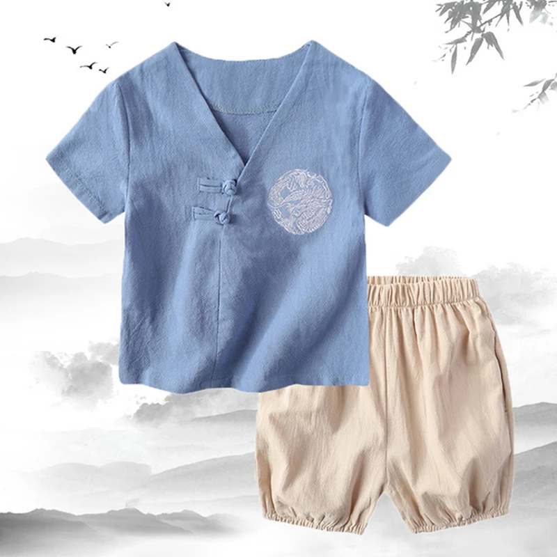 

Chinese Kids Tang suit Hanfu suit summer boys girls Hanfu suit short-sleeved tang suit baby age suit cotton linen hanfu kids