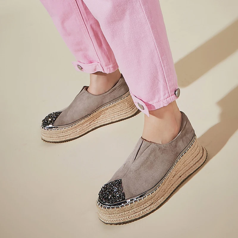 

Single Shoe Women Autumn 2021 Cow Leather Thick Soled Flat Platfrom Boats Shoes Diamond Hemp Woven Fisherman's Lazy Loafers