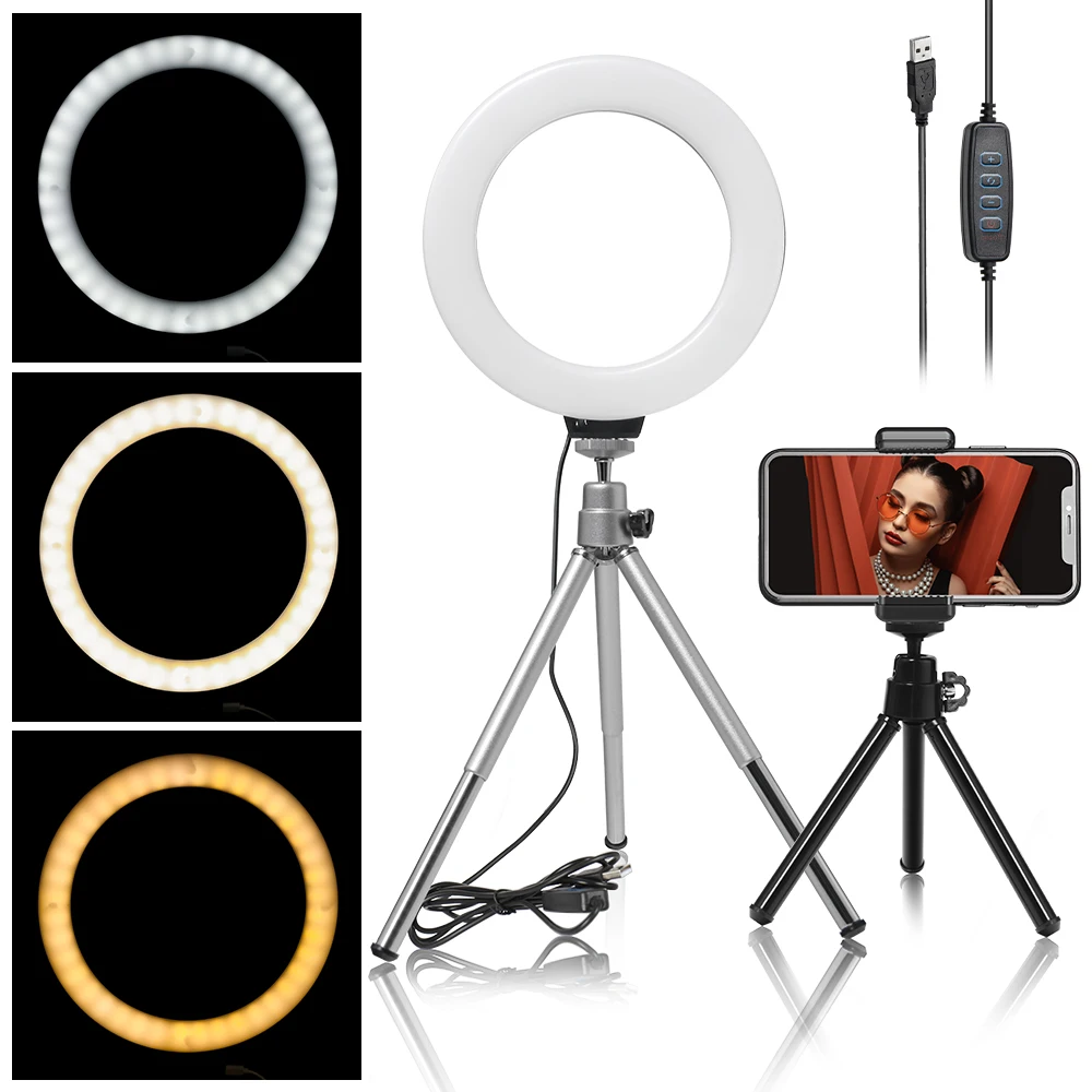 

16cm 6 inch Ring Light With Tripod Stand Usb Charge Selfie Led Lamp Dimmable Photography Light For Photo Photography Studio