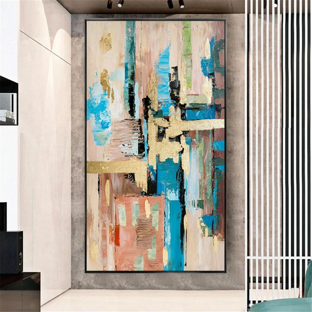 

Modern 100% Hand-Painted Blue Gold Oil Painting White Yellow Orange Red Abstract Creative Picture Home Decor Wall Art Posters